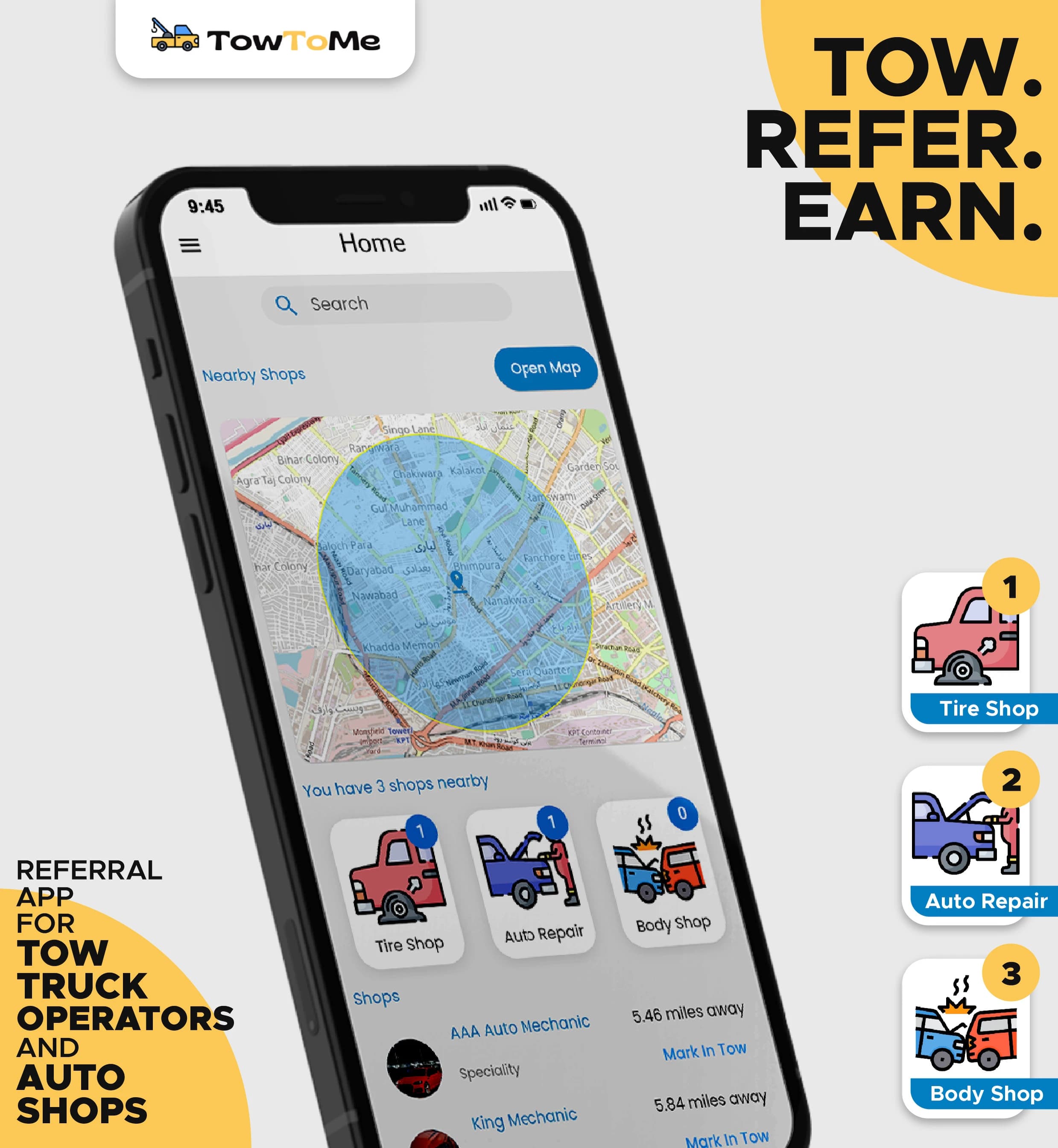 TowToMe towing referral app map and shop selection screen